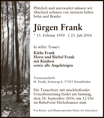 Traueranzeige von Jürgen Frank von Eschwege