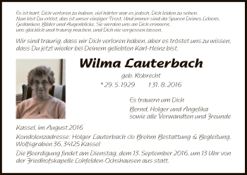 Traueranzeige von Wilma Lauterbach von Eschwege