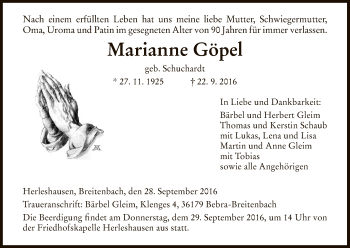 Traueranzeige von Marianne Göpel von Eschwege