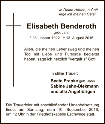 Traueranzeige von Elisabeth Benderoth von Eschwege