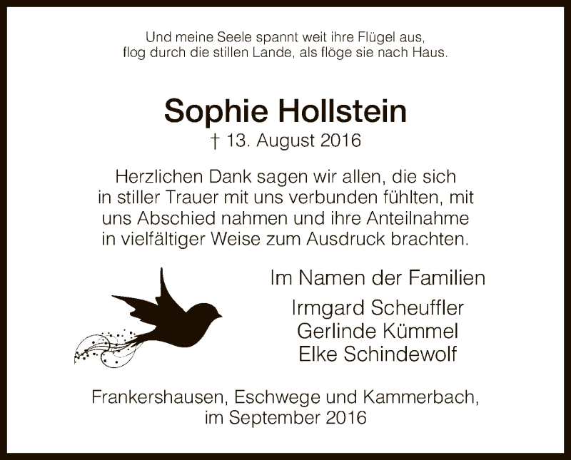  Traueranzeige für Sophie Hollstein vom 17.09.2016 aus Eschwege