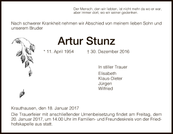 Traueranzeige von Artur Stunz von Eschwege