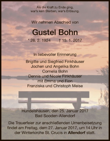 Traueranzeige von Gustel Bohn von Eschwege