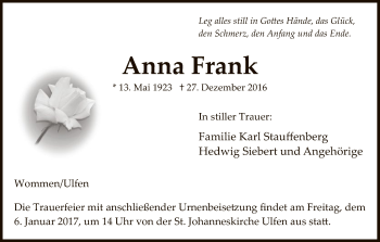 Traueranzeige von Anna Frank von Eschwege