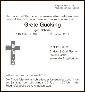 Traueranzeige von Grete Gücking von Eschwege