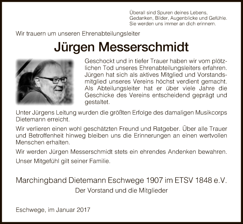  Traueranzeige für Jürgen Messerschmidt vom 14.01.2017 aus Eschwege