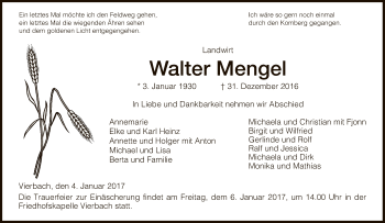 Traueranzeige von Walter Mengel von Eschwege