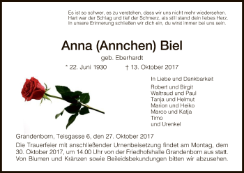 Traueranzeige von Anna Biel von Eschwege