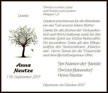 Traueranzeige von Anna Neutze von Eschwege