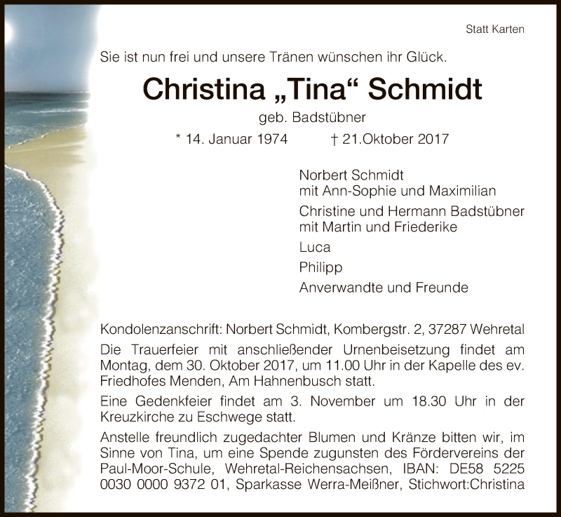  Traueranzeige für Christina Schmidt vom 26.10.2017 aus Eschwege