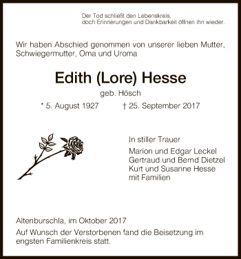 Traueranzeige von Edith Hesse von Eschwege