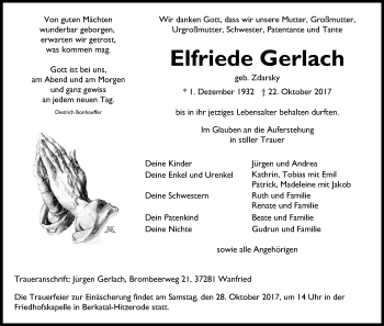 Traueranzeige von Elfriede Gerlach von Eschwege