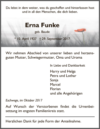 Traueranzeige von Erna Funke von Eschwege
