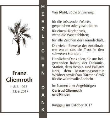 Traueranzeige von Franz Gliemroth von Eschwege