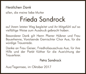 Traueranzeige von Frieda Sandrock von Eschwege