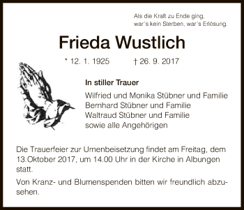 Traueranzeige von Frieda Wustlich von Eschwege