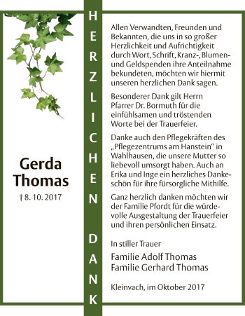 Traueranzeige von Gerda Thomas von Eschwege