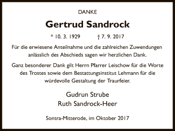 Traueranzeige von Gertrud Sandrock von Eschwege