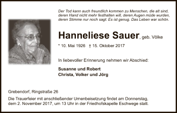 Traueranzeige von Hanneliese Sauer von Eschwege