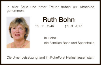 Traueranzeige von Ruth Bohn von Eschwege