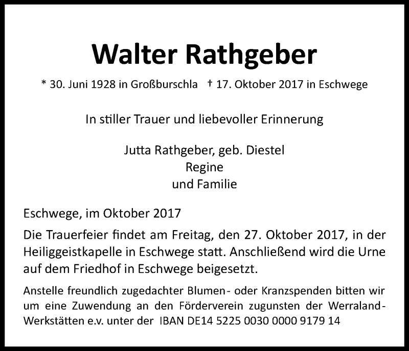  Traueranzeige für Walter Rathgeber vom 21.10.2017 aus Eschwege