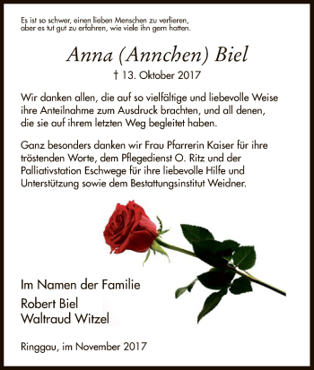 Traueranzeige von Anna Biel von Eschwege