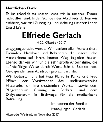 Traueranzeige von Elfriede Gerlach von Eschwege