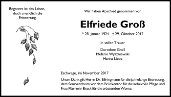 Traueranzeige von Elfriede Groß von Eschwege