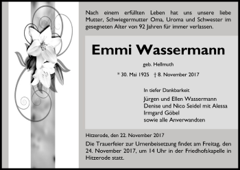 Traueranzeige von Emmi Wassermann von Eschwege