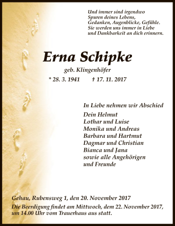 Traueranzeige von Erna Schipke von Eschwege