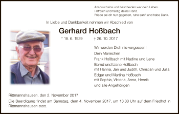 Traueranzeige von Gerhard Hoßbach von Eschwege