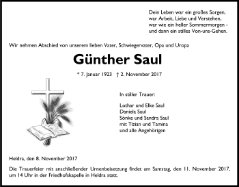 Traueranzeige von Günther Saul von Eschwege