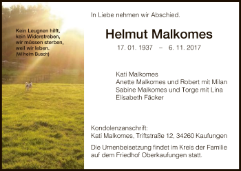 Traueranzeige von Helmut Malkomes von Eschwege