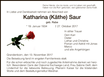 Traueranzeige von Katharina Saur von Eschwege