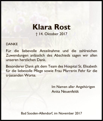 Traueranzeige von Klara Rost von Eschwege