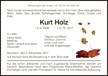 Traueranzeige von Kurt Holz von Eschwege