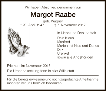 Traueranzeige von Margot Raabe von Eschwege