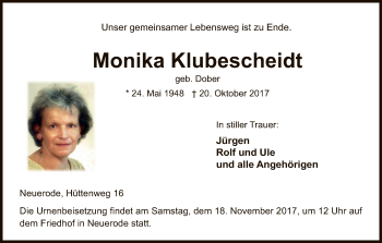 Traueranzeige von Monika Klubescheidt von Eschwege