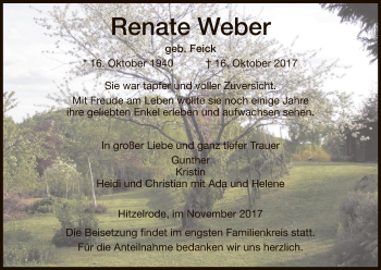 Traueranzeige von Renate Weber von Eschwege