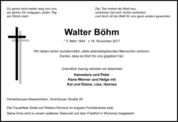 Traueranzeige von Walter Böhm von Eschwege