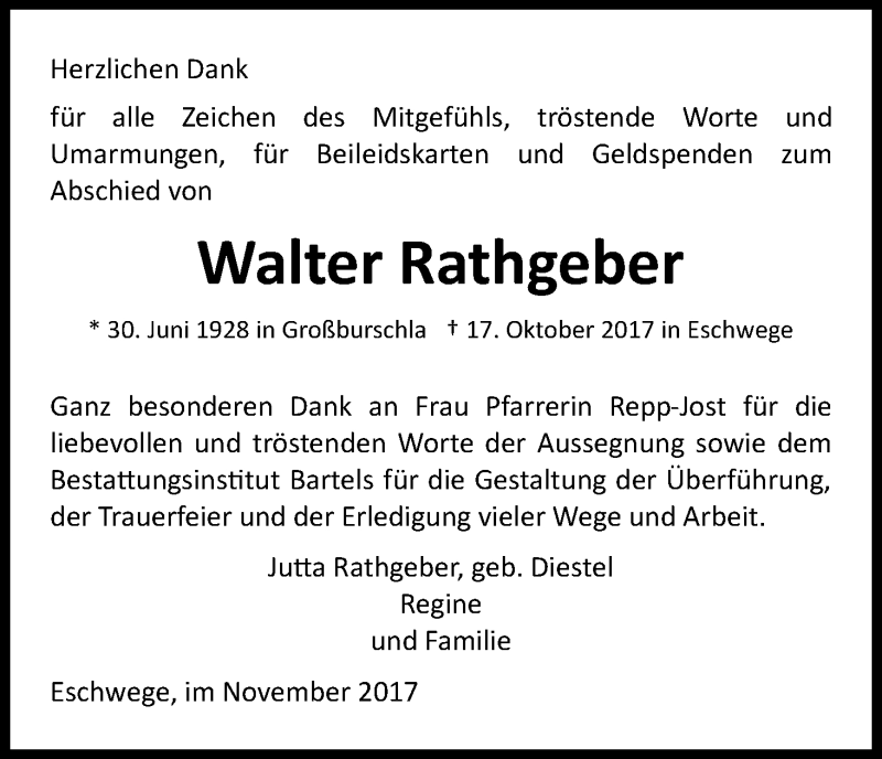  Traueranzeige für Walter Rathgeber vom 18.11.2017 aus Eschwege