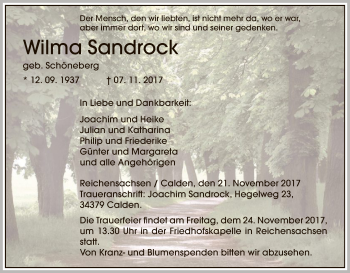 Traueranzeige von Wilma Sandrock von Eschwege