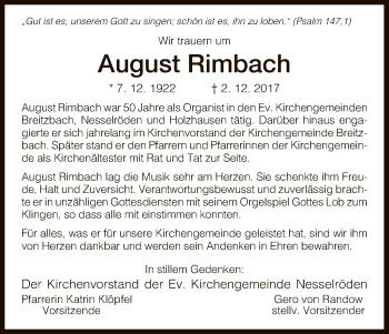 Traueranzeige von August Rimbach von Eschwege