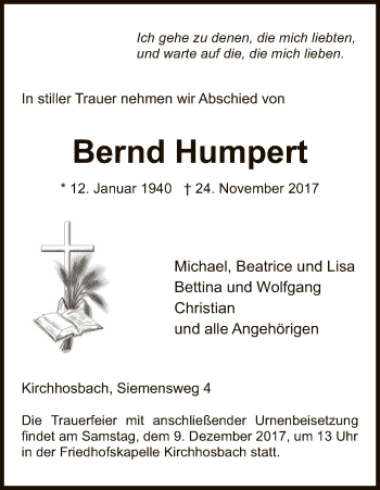 Traueranzeige von Bernd Humpert von Eschwege