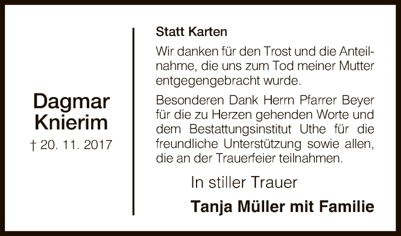  Traueranzeige für Dagmar Knierim vom 19.12.2017 aus Eschwege