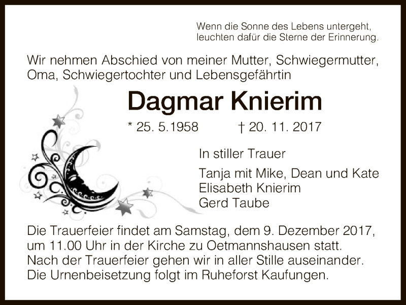  Traueranzeige für Dagmar Knierim vom 05.12.2017 aus Eschwege