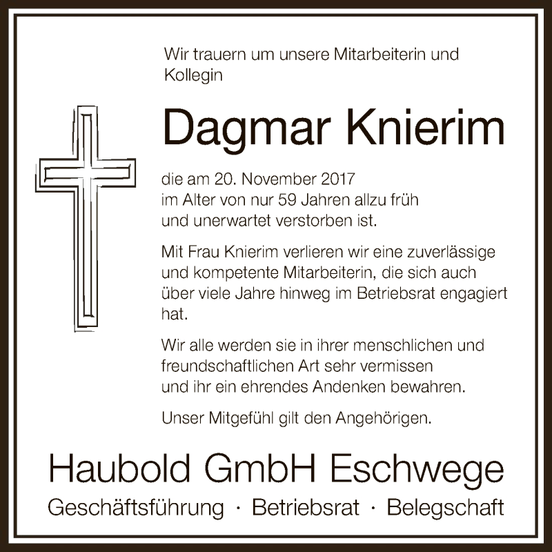  Traueranzeige für Dagmar Knierim vom 16.12.2017 aus Eschwege