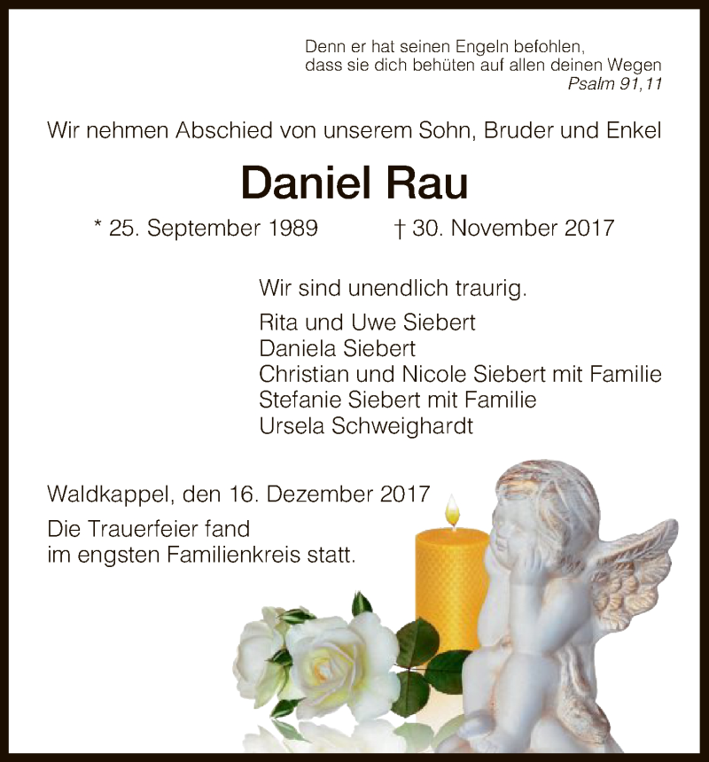  Traueranzeige für Daniel Rau vom 16.12.2017 aus Eschwege
