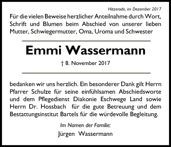 Traueranzeige von Emmi Wassermann von Eschwege