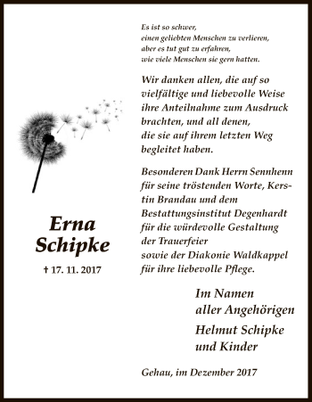 Traueranzeige von Erna Schipke von Eschwege